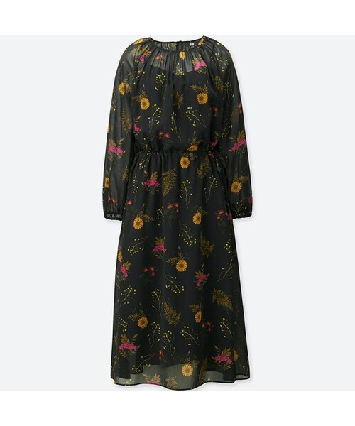 UNIQLO（ユニクロ）の「シフォンプリントワンピース（ボタニカルフラワー・長袖）（ワンピース・レディース・BEIGE 31/OFF WHITE 01/BLACK 09・L/XL/XS/XXL/S/M）」の3枚目の写真