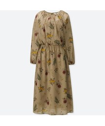 UNIQLO | シフォンプリントワンピース（ボタニカルフラワー・長袖）(ワンピース)