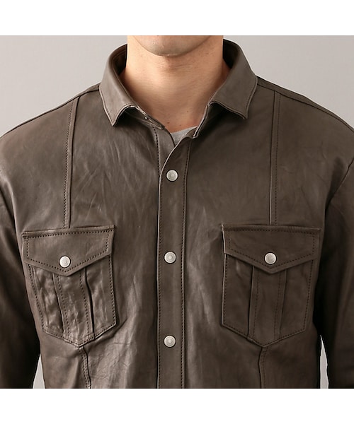 エポカウォモ　メンズ　シープレザーシャツ　黒　サイズ46　Mサイズ相当 ドビーストレッチシャツ(トップス)｜EPOCA UOMO(エポカ ウォモ)の