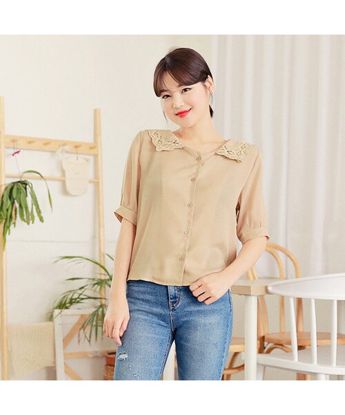 HOTPING（ホッピン）の「フェミニンパンチングレースカラーブラウス（シャツ/ブラウス・レディース・ホワイト/ベージュ/ブラック・1(XS-S)/2(M-L)/3(L-XL)）」の3枚目の写真