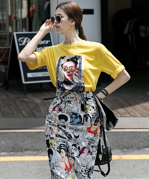 DINT(ディント)の「イラストイヤリングレーストップ(Tシャツ/カットソー・レディース・옐로우/화이트/블랙・one(44~66size))」の1枚目の写真