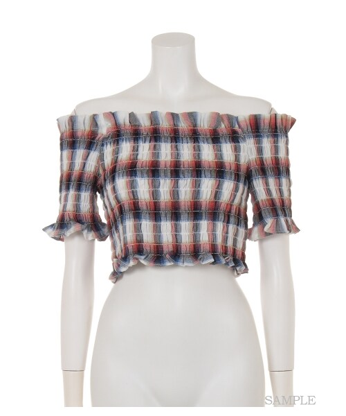 lilLilly（リルリリー）の「チェックシャーリングトップ（トップス・レディース・RED/BLUE・FREE）」の2枚目の写真