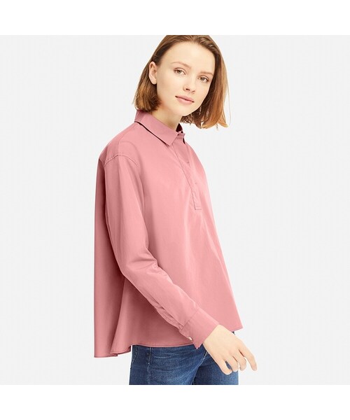 UNIQLO（ユニクロ）の「エクストラファインコットンAラインシャツ（長袖）（シャツ/ブラウス・レディース・DARK GREEN 58/NAVY 69/PINK 12/WHITE 00・L/3XL/XXL/M/S/XS/XL）」の4枚目の写真
