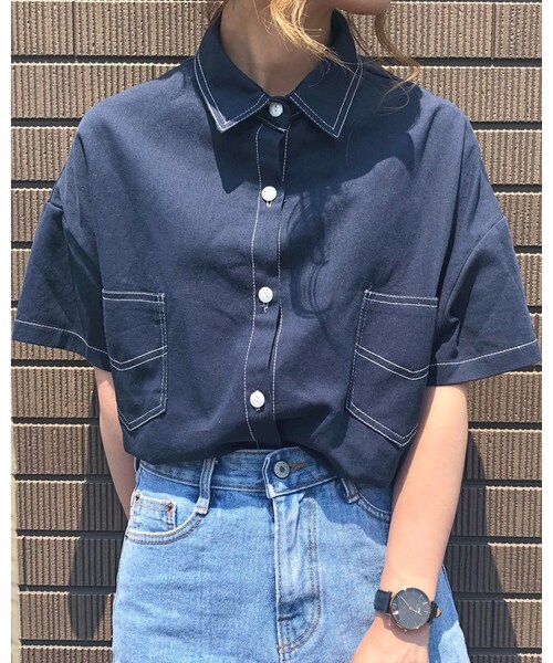 chocomee（チョコミー）の「ショートステッチシャツ（シャツ/ブラウス・レディース・ホワイト/ネイビー・フリー）」の2枚目の写真