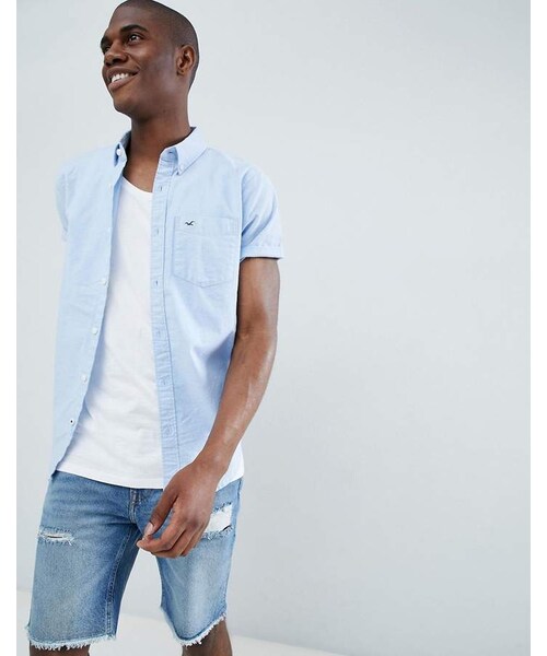 Hollister（ホリスター）の「Hollister short sleeve core solid oxford shirt slim fit button down in light blue（シャツ/ブラウス・メンズ・Blue・XS/M/S/L/XL）」の2枚目の写真