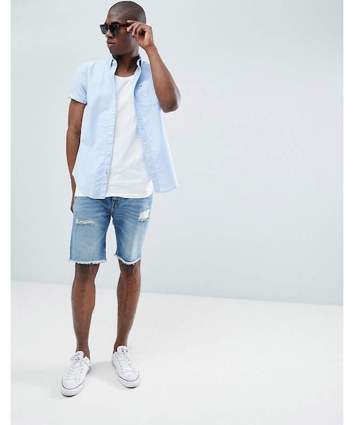 Hollister（ホリスター）の「Hollister short sleeve core solid oxford shirt slim fit button down in light blue（シャツ/ブラウス・メンズ・Blue・XS/M/S/L/XL）」の3枚目の写真