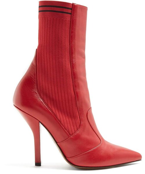 FENDI(フェンディ)の「FENDI Leather and ribbed-knit ankle boots(ブーツ・レディース・Red・34.5 Eu/it/35 Eu/it/35.5 Eu/it/36 Eu/it/36.5 Eu/it/37 Eu/it/37.5 Eu/it/38.5 Eu/it/39 Eu/it/39.5 Eu/it/40 Eu/it/40.5 Eu/it/41 Eu/it/41.5 Eu/it)」の1枚目の写真