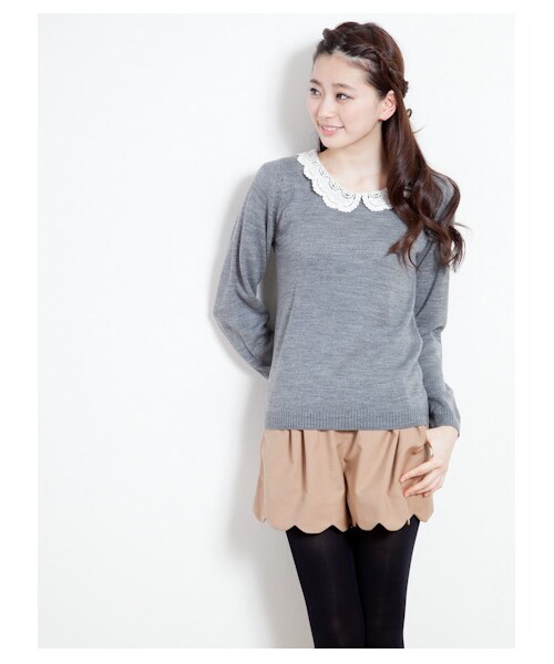 earth music&ecology（アースミュージックアンドエコロジー）の「【Special Price】レース衿ニット（ニット・セーター・レディース・ダークブル/ピンクベージュ/ピンク/杢グレー/ミント/ブラック・M/S）」の2枚目の写真