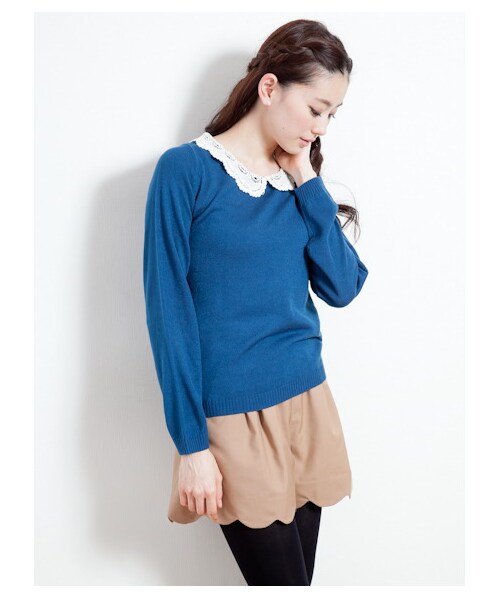 earth music&ecology（アースミュージックアンドエコロジー）の「【Special Price】レース衿ニット（ニット・セーター・レディース・ダークブル/ピンクベージュ/ピンク/杢グレー/ミント/ブラック・M/S）」の4枚目の写真