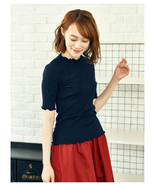 earth music&ecology（アースミュージックアンドエコロジー）の「・メロウリブ5分袖カットソー（トップス・アイボリー/杢ライトグレー/ブラック/ダークピンク/マスタード/ネイビー/マルチ/ダークグリーン・S/M）」の3枚目の写真