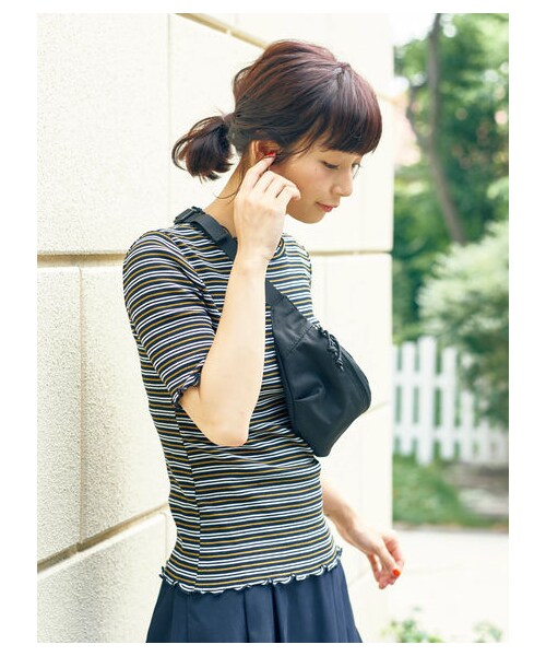 earth music&ecology（アースミュージックアンドエコロジー）の「・メロウリブ5分袖カットソー（トップス・アイボリー/杢ライトグレー/ブラック/ダークピンク/マスタード/ネイビー/マルチ/ダークグリーン・S/M）」の7枚目の写真