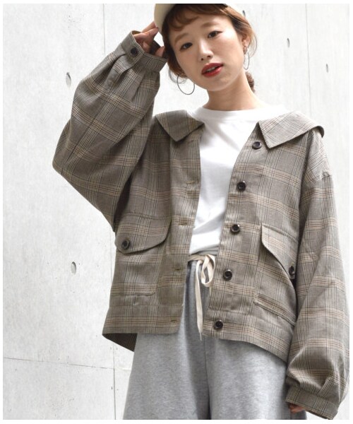 w closet(ダブルクローゼット)の「グレンチェック後ろレースアップ羽織り(ジャケット/アウター・レディース・ブラック×ベージュ/ブラウン・FREE/M/L)」の3枚目の写真