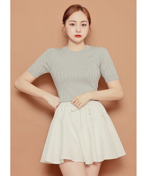 HOTPING（ホッピン）の「半袖リブ編みニットトップス（Tシャツ/カットソー・レディース・アイボリー/グレー/ブラック/ライトティール/ベージュ/ライトネイビー/パープル・1(XS-S)/2(M-L)/3(L-XL)）」の3枚目の写真