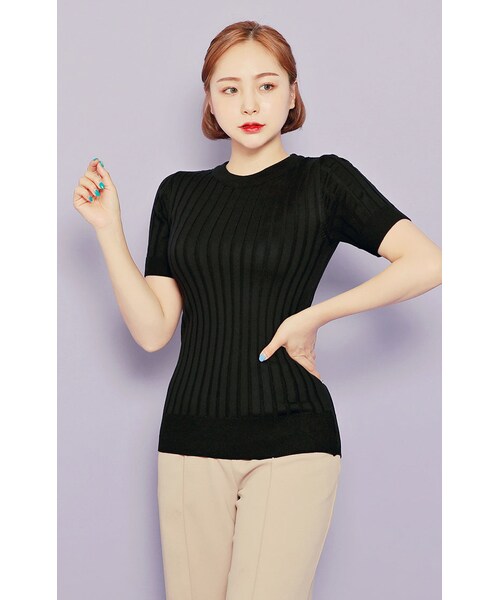 HOTPING（ホッピン）の「半袖リブ編みニットトップス（Tシャツ/カットソー・レディース・アイボリー/グレー/ブラック/ライトティール/ベージュ/ライトネイビー/パープル・1(XS-S)/2(M-L)/3(L-XL)）」の2枚目の写真