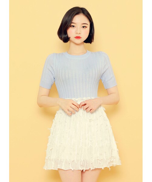 HOTPING（ホッピン）の「半袖リブ編みニットトップス（Tシャツ/カットソー・レディース・アイボリー/グレー/ブラック/ライトティール/ベージュ/ライトネイビー/パープル・1(XS-S)/2(M-L)/3(L-XL)）」の7枚目の写真