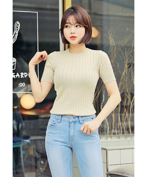 HOTPING（ホッピン）の「半袖リブ編みニットトップス（Tシャツ/カットソー・レディース・アイボリー/グレー/ブラック/ライトティール/ベージュ/ライトネイビー/パープル・1(XS-S)/2(M-L)/3(L-XL)）」の4枚目の写真