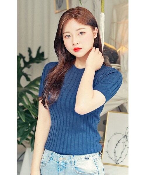 HOTPING（ホッピン）の「半袖リブ編みニットトップス（Tシャツ/カットソー・レディース・アイボリー/グレー/ブラック/ライトティール/ベージュ/ライトネイビー/パープル・1(XS-S)/2(M-L)/3(L-XL)）」の5枚目の写真