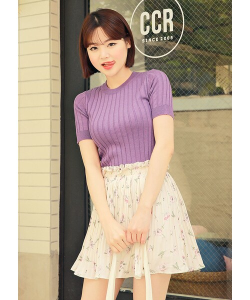 HOTPING（ホッピン）の「半袖リブ編みニットトップス（Tシャツ/カットソー・レディース・アイボリー/グレー/ブラック/ライトティール/ベージュ/ライトネイビー/パープル・1(XS-S)/2(M-L)/3(L-XL)）」の6枚目の写真