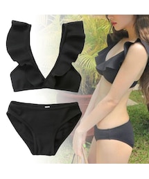 フリル付き黒ビキニ フリルビキニ スカート 体型カバー 黒 Vネック 水着 (ビキニ
