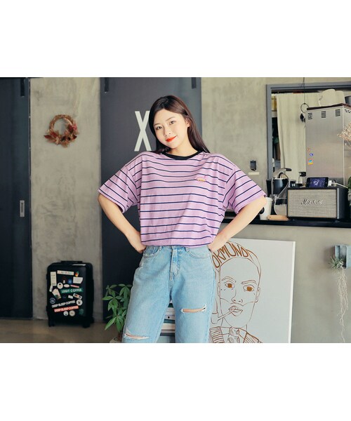 HOTPING(ホッピン)の「DENN刺しゅうボーダーTシャツ(Tシャツ/カットソー・レディース・パープル/チャコール/ブルー/ホワイト・フリーサイズ(XS-XL))」の1枚目の写真