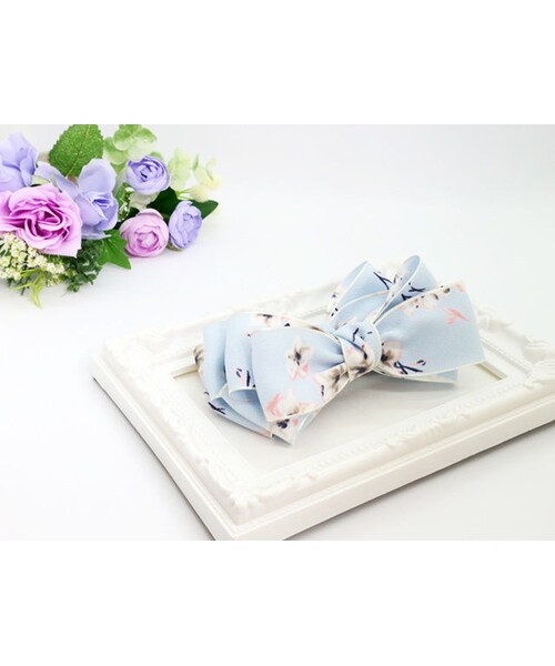Handmade ハンドメイド の ふんわり柔らか花柄リボンのバナナクリップ 水色 Ban058 バレッタ ヘアクリップ Wear