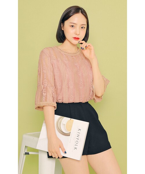 HOTPING（ホッピン）の「フラワーレースシースルーブラウス（シャツ/ブラウス・レディース・ブラック/ホワイト/ピンク・1(XS-S)/2(M-L)/3(L-XL)）」の3枚目の写真