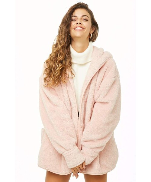 pink fluffy jacket with hood