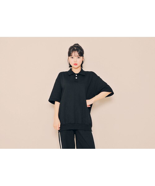 HOTPING（ホッピン）の「オーバーサイズハーフスリーブポロシャツ（ポロシャツ・レディース・ベージュ/ホワイト/ブラック/ピンク/イエロー/グレー・フリーサイズ(XS-XL)）」の3枚目の写真