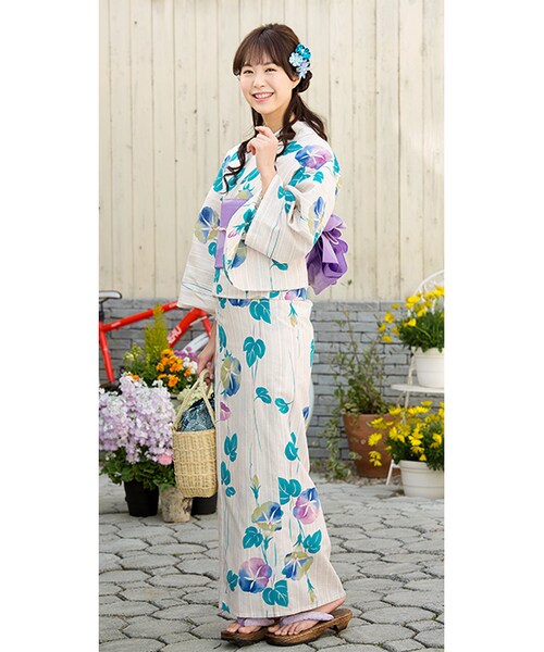 浴衣 レディース 3点セット （浴衣/兵児帯/下駄） bonheur saisons ボヌールセゾン 水色 ブルー 白 アイボリー ぼかし 花柄 綿麻 送料無料 8種類選べる3点セットレディース浴衣+兵児帯+下駄シンプル レトロ