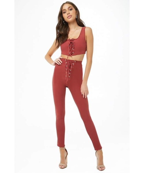FOREVER 21（フォーエバー トゥエンティーワン）の「Forever 21 Lace-Up Cropped Tank Top & Leggings Set（タンクトップ・レディース・Black/Blue/Red・Small/Medium/Large）」の3枚目の写真