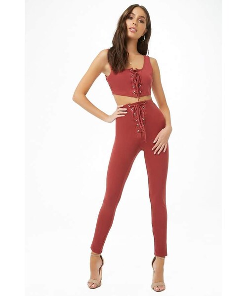 FOREVER 21（フォーエバー トゥエンティーワン）の「Forever 21 Lace-Up Cropped Tank Top & Leggings Set（タンクトップ・レディース・Black/Blue/Red・Small/Medium/Large）」の12枚目の写真