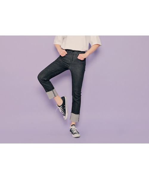 HOTPING（ホッピン）の「ハイウエストロールアップ魔法ジーンズ（デニムパンツ・レディース・ダークデニム/ブラックデニム・S/M/L/XL/XXL/XXXL）」の2枚目の写真