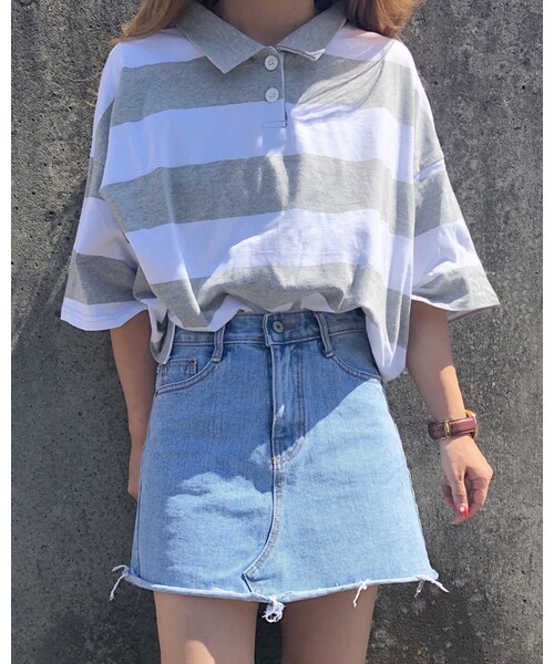 chocomee（チョコミー）の「ショートボーダーポロ（ポロシャツ・レディース・ブラック/グレー・FREE）」の2枚目の写真