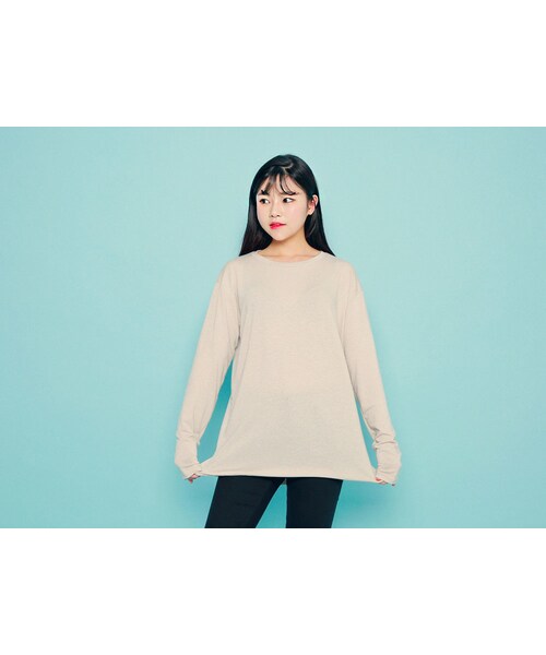 HOTPING(ホッピン)の「ベーシックラウンドネックTシャツ(Tシャツ/カットソー・レディース・ホワイト/ブラック/ライトベージュ/ピンクベージュ/グレー・1(フリーサイズ)/2(L-XXL))」の4枚目の写真