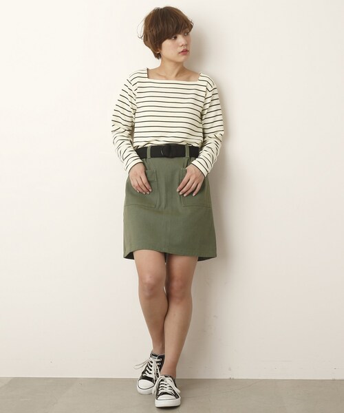 DOUBLE NAME(ダブルネーム)の「ベルト付台形スカート(スカート・レディース・黒/ネイビー/カーキ/ベージュ/柄A・FREE)」の20枚目の写真