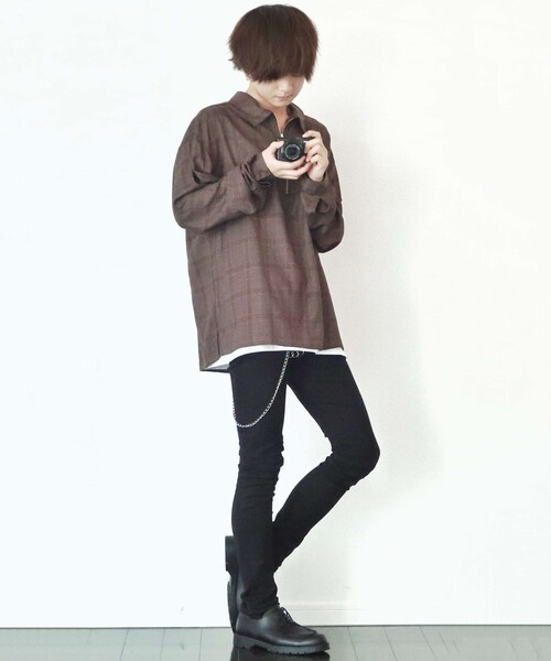 LIDNM（リドム）の「ビンテージチェックリングジップシャツ【ブラウン】（シャツ/ブラウス・メンズ・ブラウン・S.M.L）」の4枚目の写真