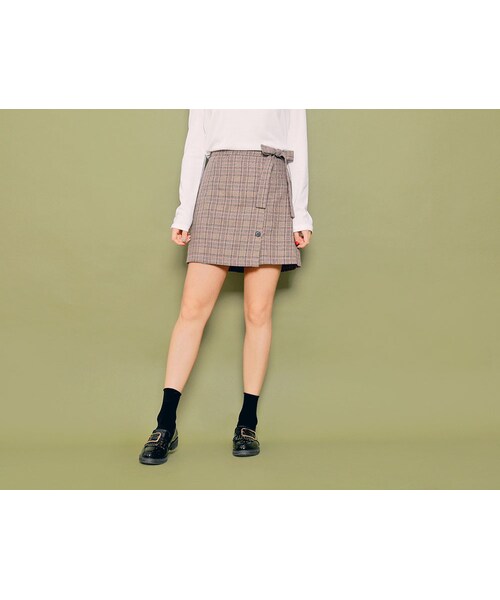 HOTPING（ホッピン）の「ウエストタイボタンチェックスカート（スカート・レディース・グレー/ブラウン・1(XS)/2(S)/3(M)/4(L)/5(XL)）」の2枚目の写真
