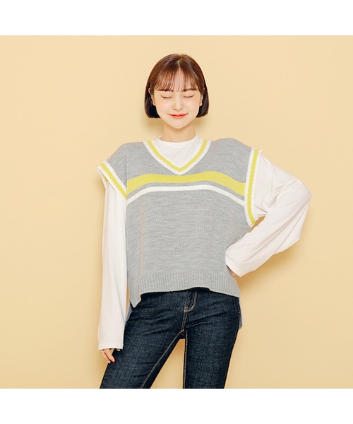 HOTPING(ホッピン)の「バイカラーラインクロップドニットベスト(シャツ/ブラウス・レディース・ネイビー/クリーム/グレー・フリーサイズ(XS-XL))」の2枚目の写真