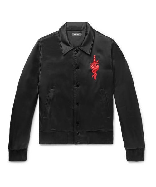 AMIRI（アミリ）の「AMIRI Leather-Appliquéd Satin Bomber Jacket