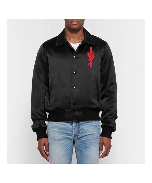 AMIRI（アミリ）の「AMIRI Leather-Appliquéd Satin Bomber Jacket