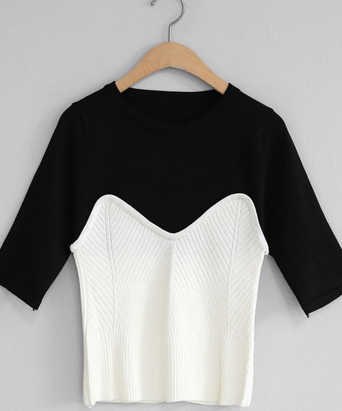 DHOLIC（ディーホリック）の「レイヤード調配色ニット（ニット/セーター・レディース・ホワイト/ブラック/ベージュ・FREE）」の2枚目の写真