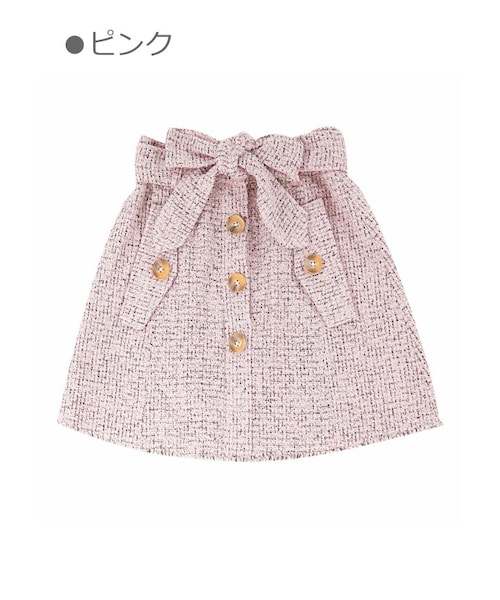 Bobon21(ボボンニジュウイチ)の「ウエストリボンツイードスカート-全2色-(スカート・レディース・ブルー/ピンク・S/M/L)」の2枚目の写真