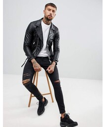 REPLAY（リプレイ）の「Replay leather biker jacket zip detail in