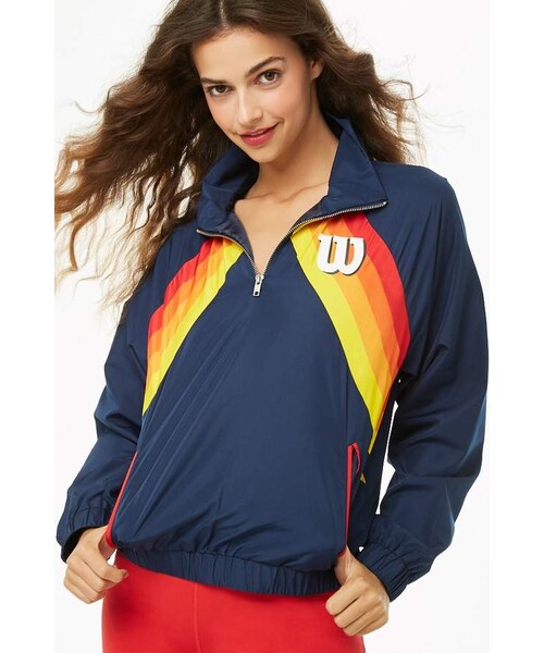 FOREVER 21(フォーエバー トゥエンティーワン)の「Forever 21 Wilson Striped-Front Logo Windbreaker(ジャケット/アウター・レディース・Blue・Medium/Large)」の1枚目の写真