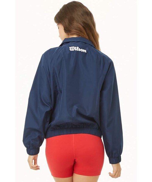 FOREVER 21(フォーエバー トゥエンティーワン)の「Forever 21 Wilson Striped-Front Logo Windbreaker(ジャケット/アウター・レディース・Blue・Medium/Large)」の2枚目の写真
