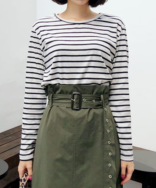 DHOLIC(ディーホリック)の「ボーダー長袖Tシャツ(Tシャツ/カットソー・レディース・グレー/グリーン/オレンジ/ブラック・FREE)」の1枚目の写真