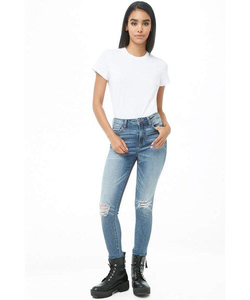 FOREVER 21（フォーエバー トゥエンティーワン）の「Forever 21 Distressed Straight-Leg Jeans（デニムパンツ・レディース・Blue・24/25/26/27/28/29/30/31）」の4枚目の写真