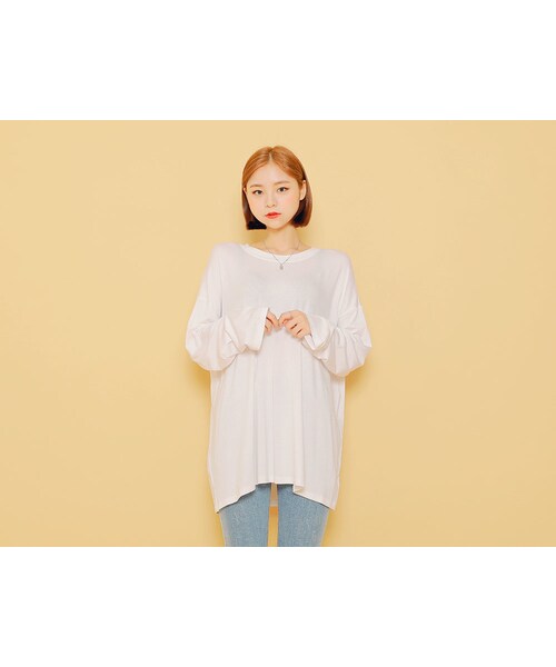 HOTPING(ホッピン)の「ドロップショルダールーズフィットTシャツ(Tシャツ/カットソー・レディース・ブラック/ホワイト/ベージュ/ブラウン/ミント・1(フリーサイズ)/2(L-XXL))」の2枚目の写真