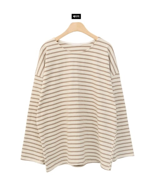 Dailyabout（デイリーアバウト）の「ルーズボーダーTシャツ（Tシャツ/カットソー・レディース・ホワイト/ベージュ/その他/ブルー/ピンク・FREE）」の2枚目の写真