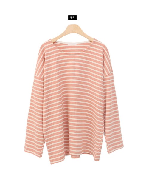 Dailyabout（デイリーアバウト）の「ルーズボーダーTシャツ（Tシャツ/カットソー・レディース・ホワイト/ベージュ/その他/ブルー/ピンク・FREE）」の4枚目の写真